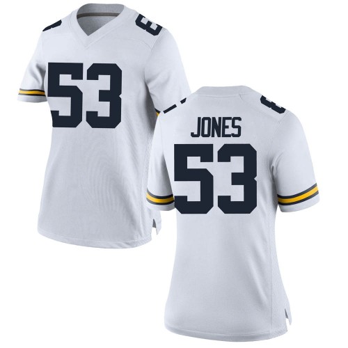 Trente Jones Michigan Wolverines Women's NCAA #53 White Game Brand Jordan College Stitched Football Jersey SBW8454BW